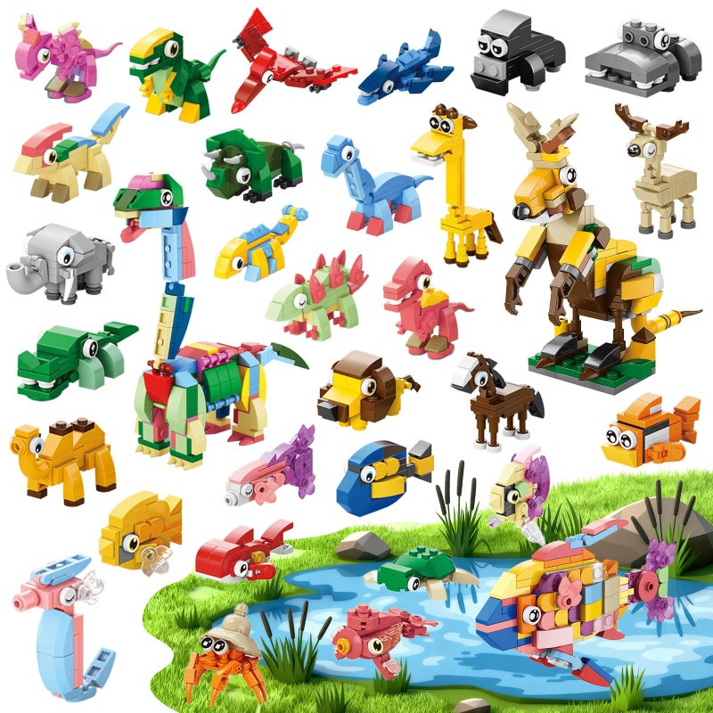 GOLDGE 30 Packs Animal Party Favors for Kids, 999+ PCS Mini Building Blocks, 3 Styles Dinosaur/Sea/Forest 10-in-1 Models, Goodie Bag Fillers, Classroom Treasure Box Toys for Boys & Girls Ages 6+ - Image 1